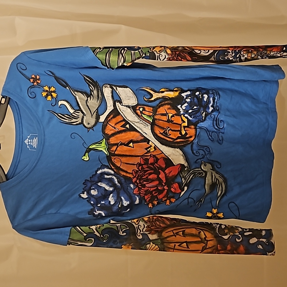 Pumpkin theme, see through sleeves, EUC, Youth size XL